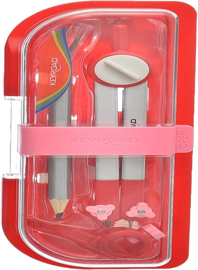 Keyroad KR972475 High Quality Metal Compasses Set With Exchangeable Leg, Pencil, Leads Box And Ruler Storage Box For School And Students - Silver Red